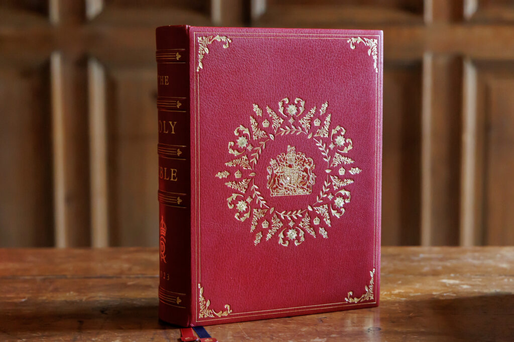 The Coronation Bible for King Charles III in the vestry of Lambeth Palace Chapel, London