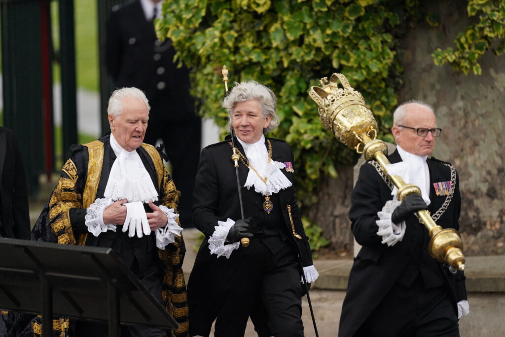 Lady Usher of the Black Rod, Sarah Clarke, together with the Lord Speaker, Lord McFall of Alcluith arriving ahead of the coronation ceremony of King Charles III and Queen Camilla at Westminster Abbey, central London