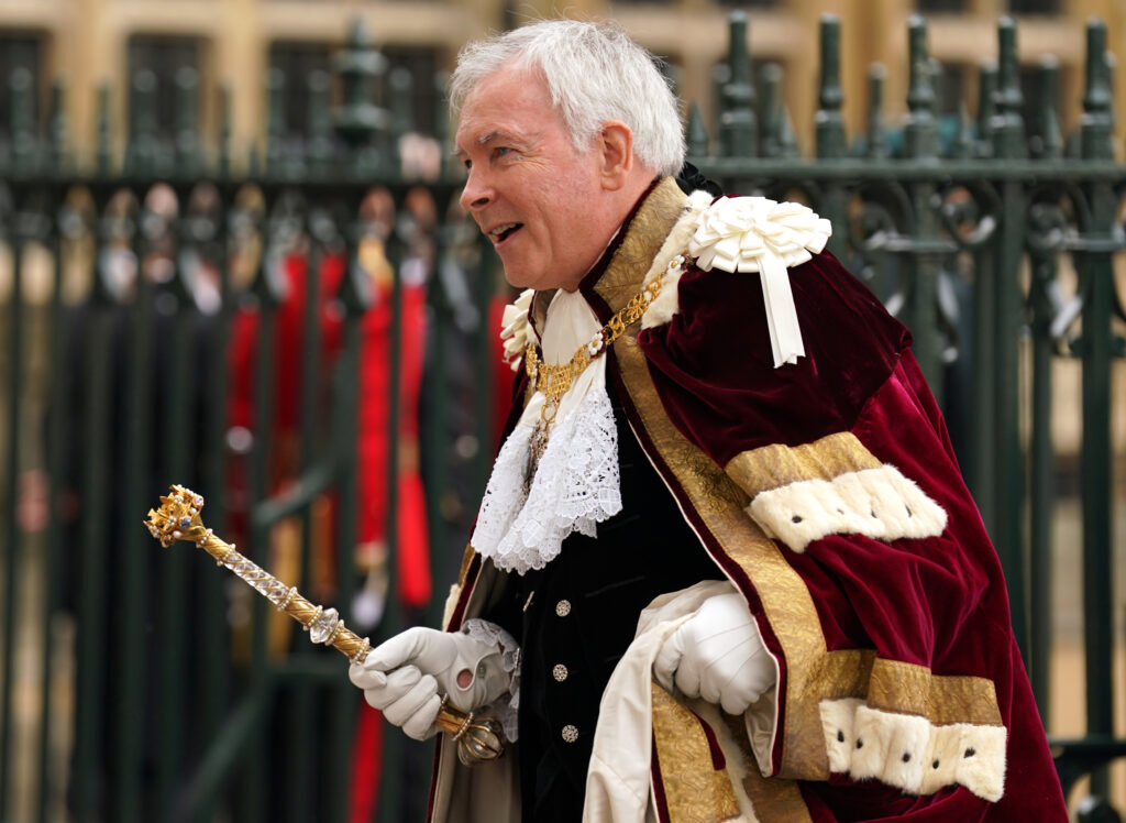 The Lord Mayor of London, Nicholas Lyons arrives at Westminster Abbey with his Crystal Mace