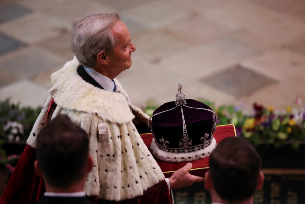 The Duke of Wellington bearing The Queen’s Crown in procession, wearing Coronation Robes made for the 1st Duke of Wellington in 1821