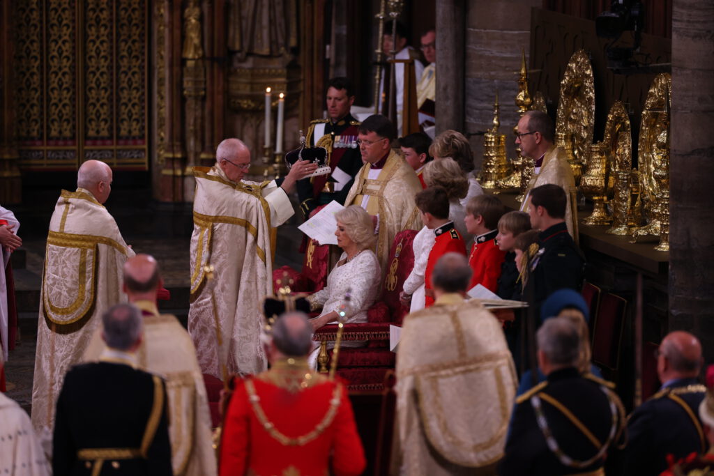 Queen Camilla is crowned by Archbishop of Canterbury Justin Welby during her coronation at Westminster Abbey, London