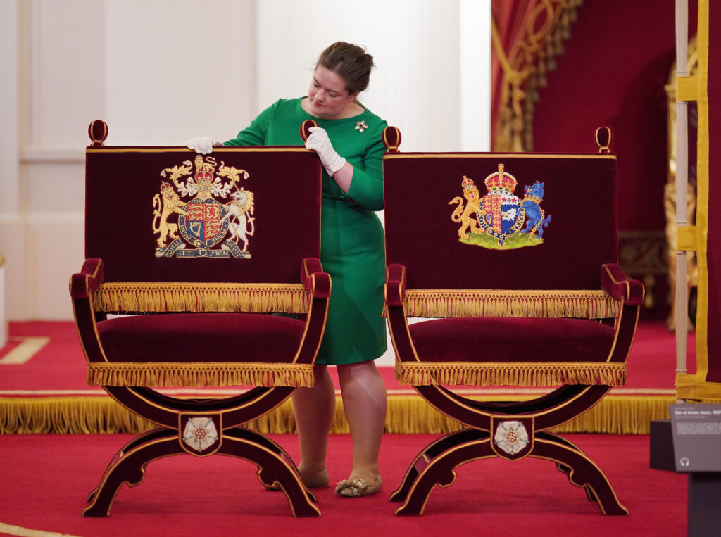 A pair of throne chairs, 1937, during a photo call for the new Coronation display for the summer opening of the State Rooms at Buckingham Palace, in London