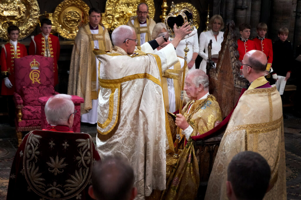 King Charles III is crowned with St Edward's Crown during his coronation ceremony in Westminster Abbey, London