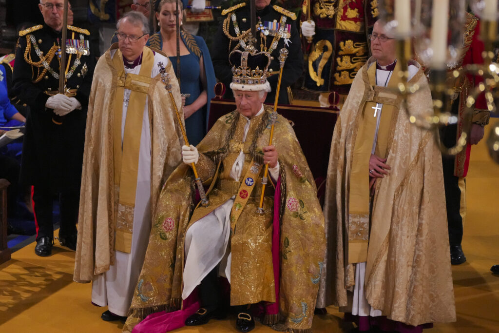 King Charles III during his coronation ceremony in Westminster Abbey, London